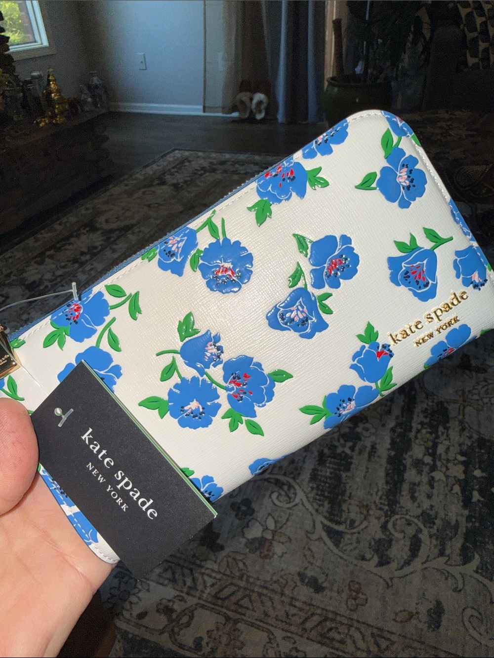 kate spade White Floral Zip Wallet with Blue and Green Accents